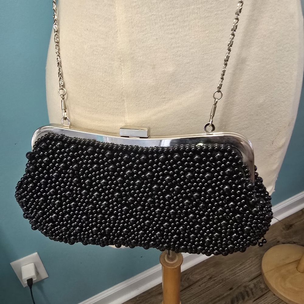 Elegant 2 in 1 Vintage Black Beaded Crossbody Clutch Bag